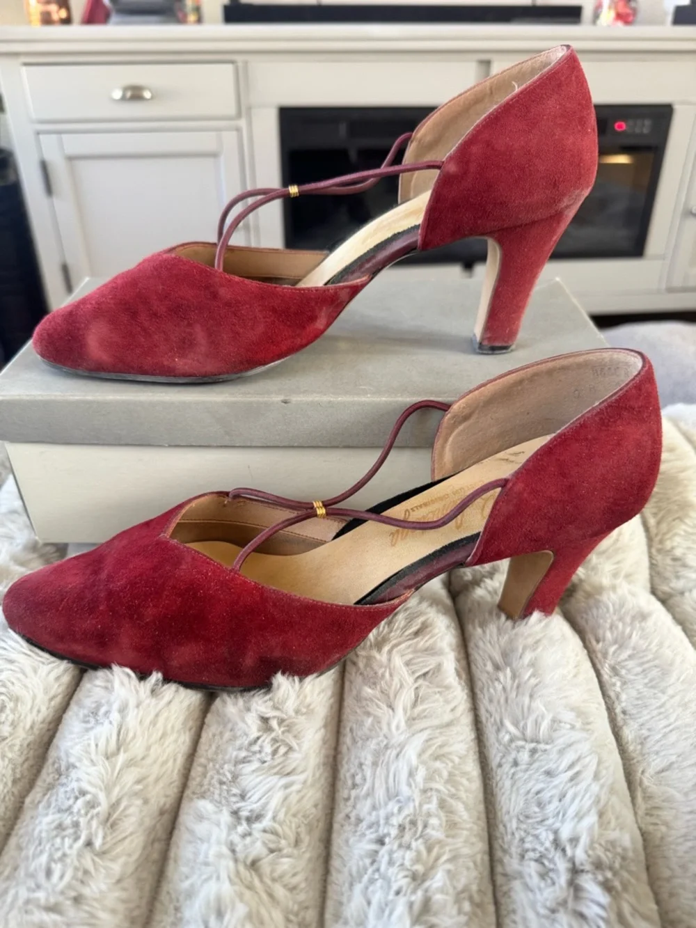 Vintage Balenciaga Burgundy Suede Strappy Mid-Heels